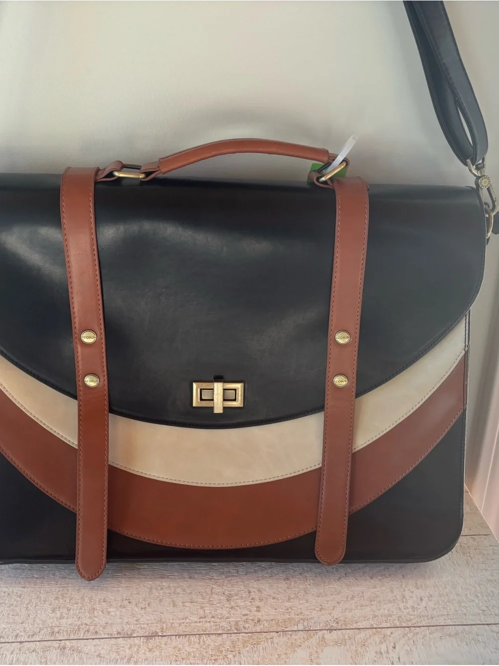 Ecosusi Black, Brown & Cream Leather Messenger Bag with Top Handle